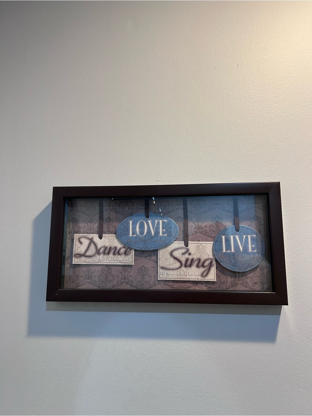 Framed Wall Art "Love Live Sing Dance" - Brown Frame, Blue Accents